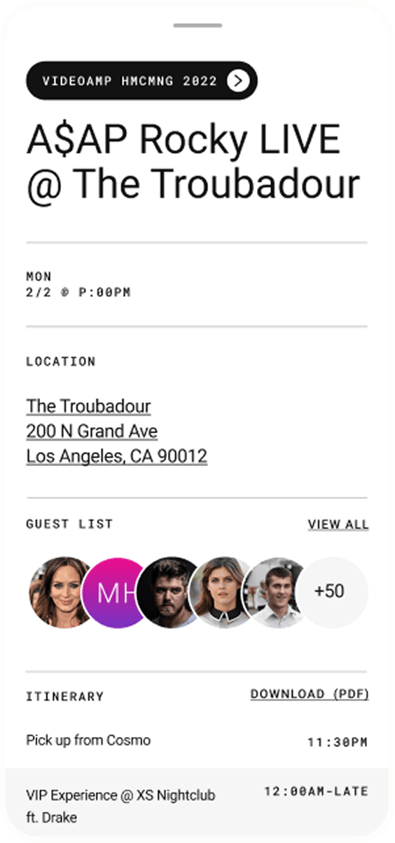 Smartphone screen displaying an event page for A$AP Rocky Live at The Troubadour, with date, Los Angeles address, guest-list avatars, and itinerary.