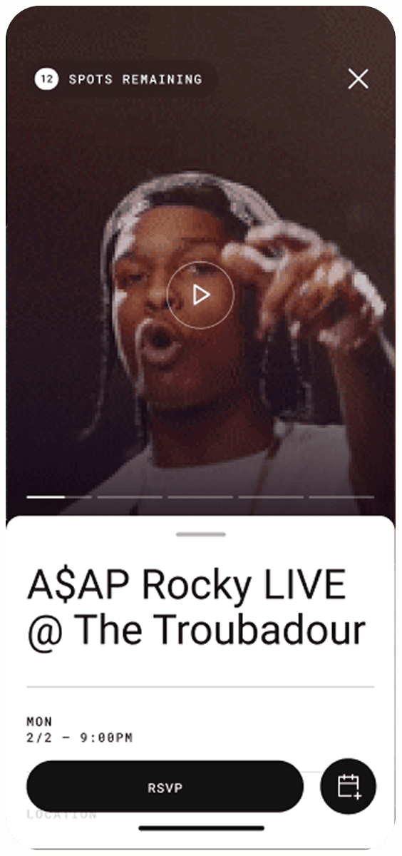 Vertical mobile screen showing a live video of a performer with braided hair; bottom white card reads "LIVE @ The Troubadour" with an RSVP button.