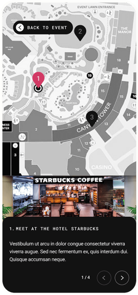 Grayscale event map with pink pin 1 and black pins 2 and 3 around a circular venue, a Back to Event control, plus a Starbucks Coffee banner and a dark instruction panel.