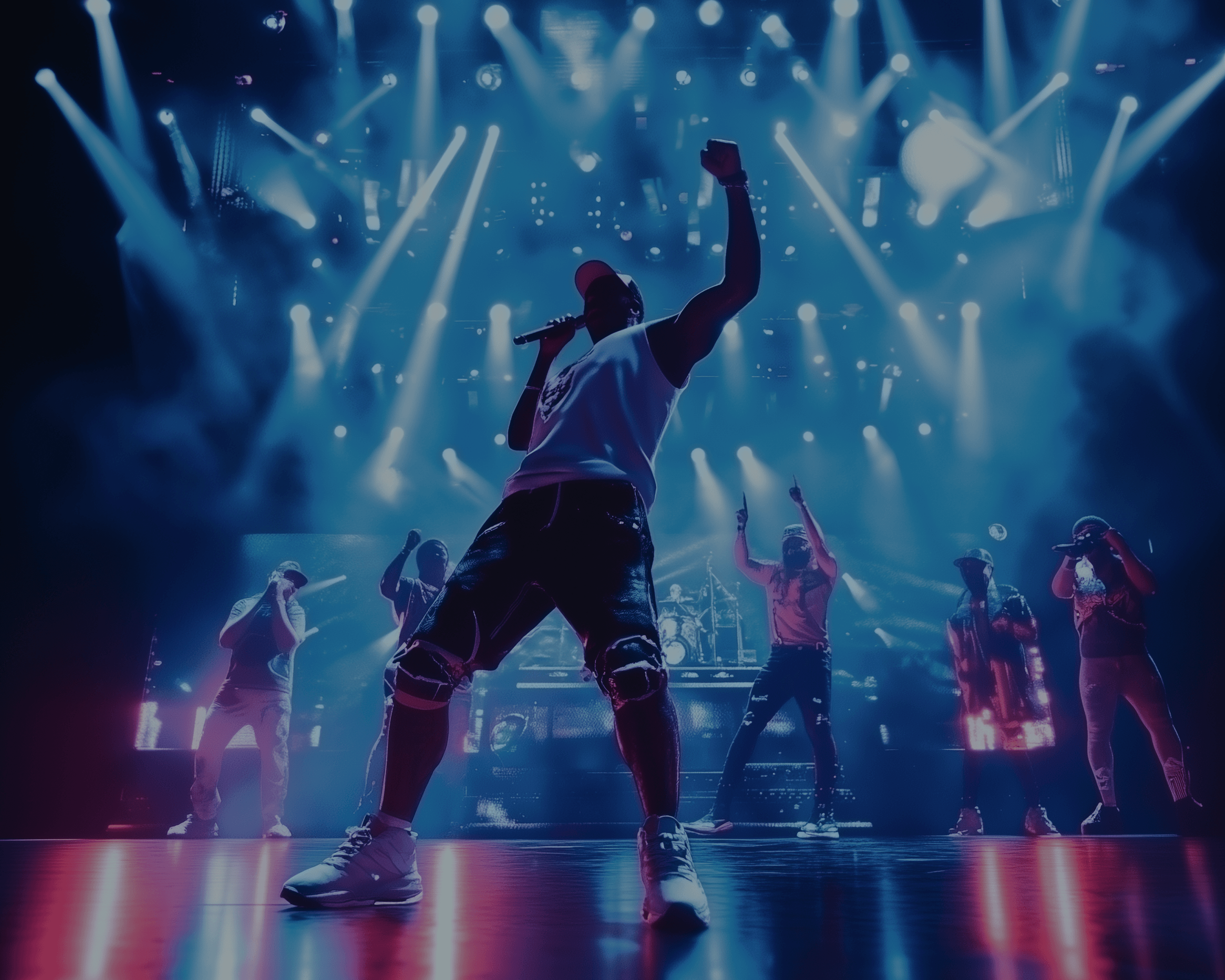 Center-stage performer raises a fist and sings into a microphone as backup performers stand under blue spotlights and haze.