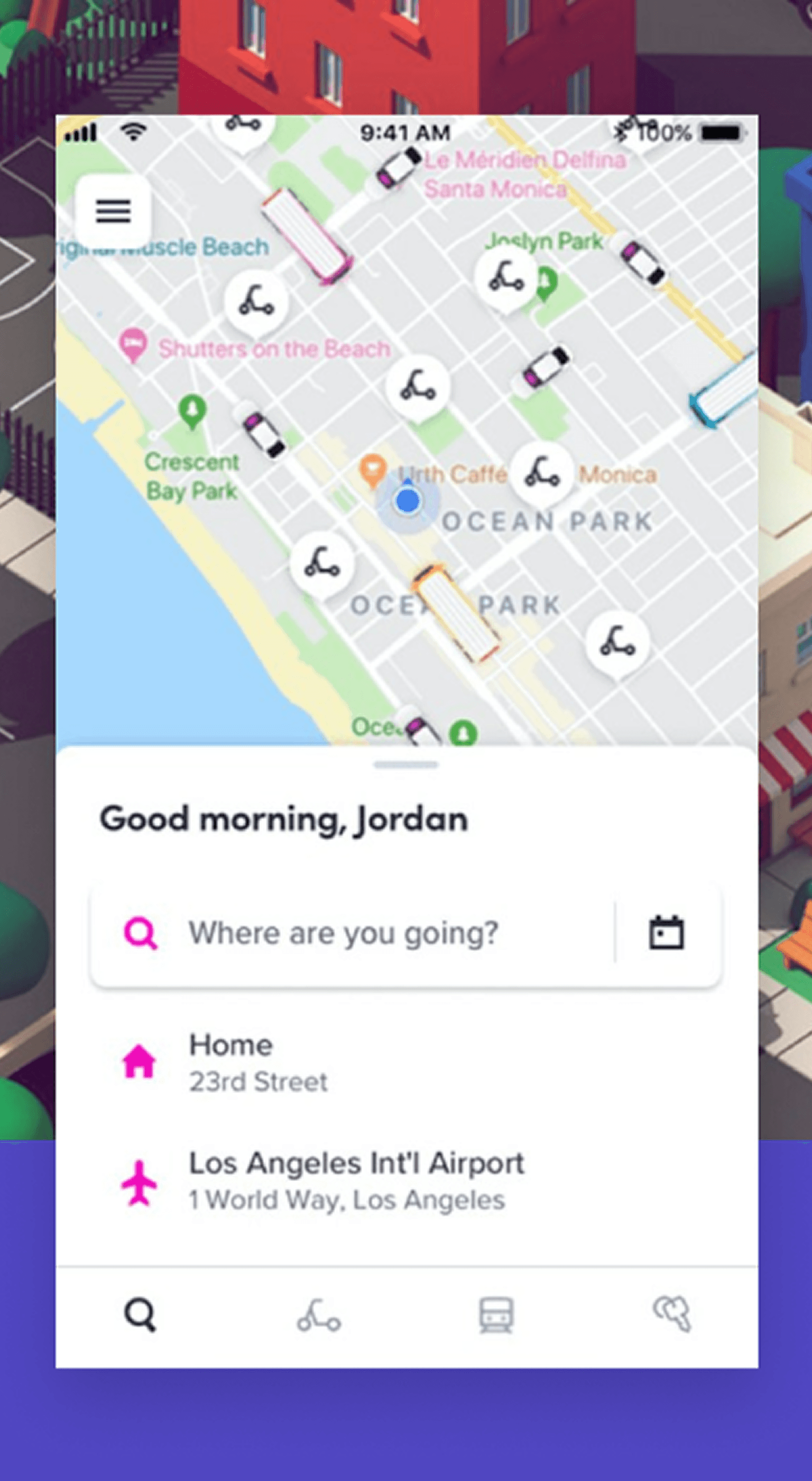 Mobile map app showing scooter icons on a city map; panel reads 'Good morning, Jordan' with a 'Where are you going?' search field and options like Home and Los Angeles Int'l Airport.