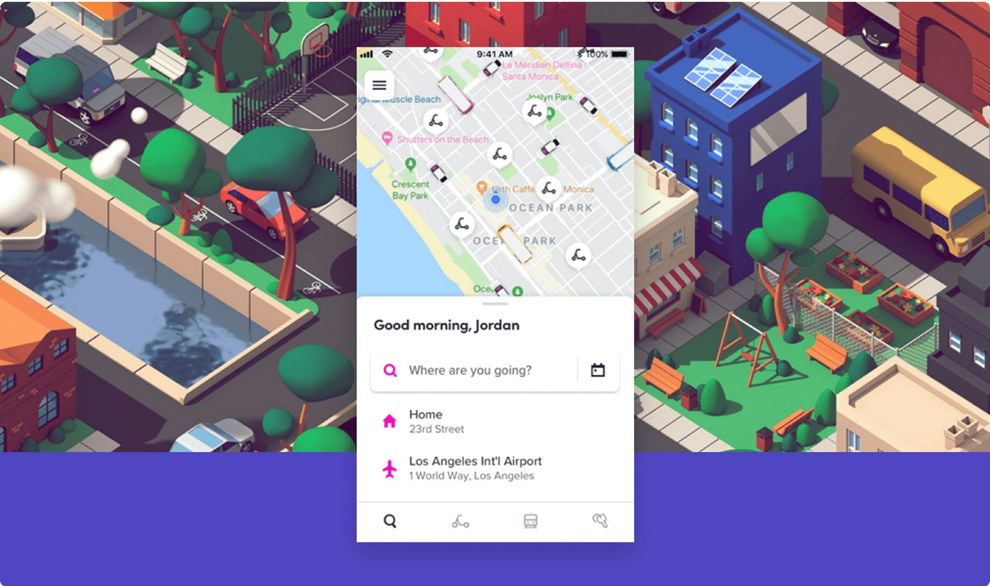 Isometric cityscape with a centered mobile map app card showing a map, search bar, and routes on a colorful neighborhood background.