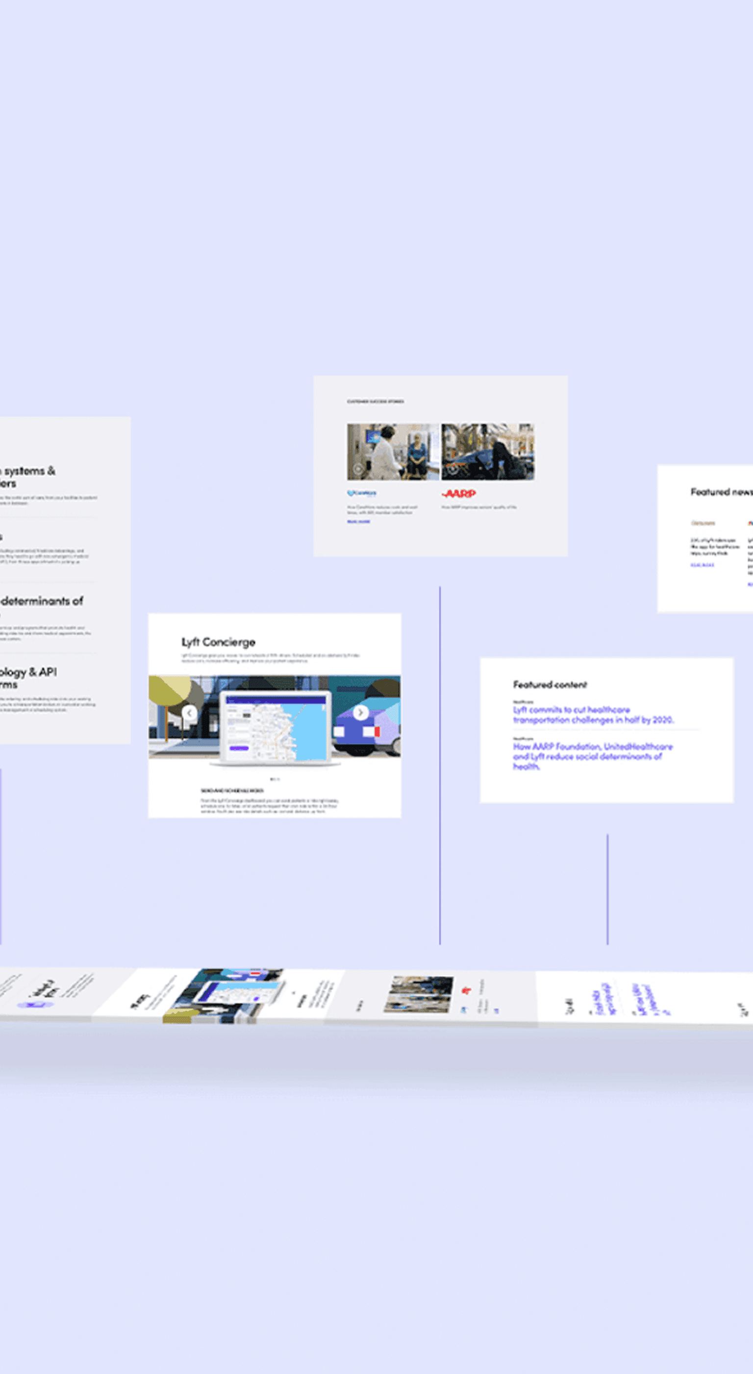 Light purple background with floating white cards forming a timeline, showing images and text, with a bottom row of thumbnails.