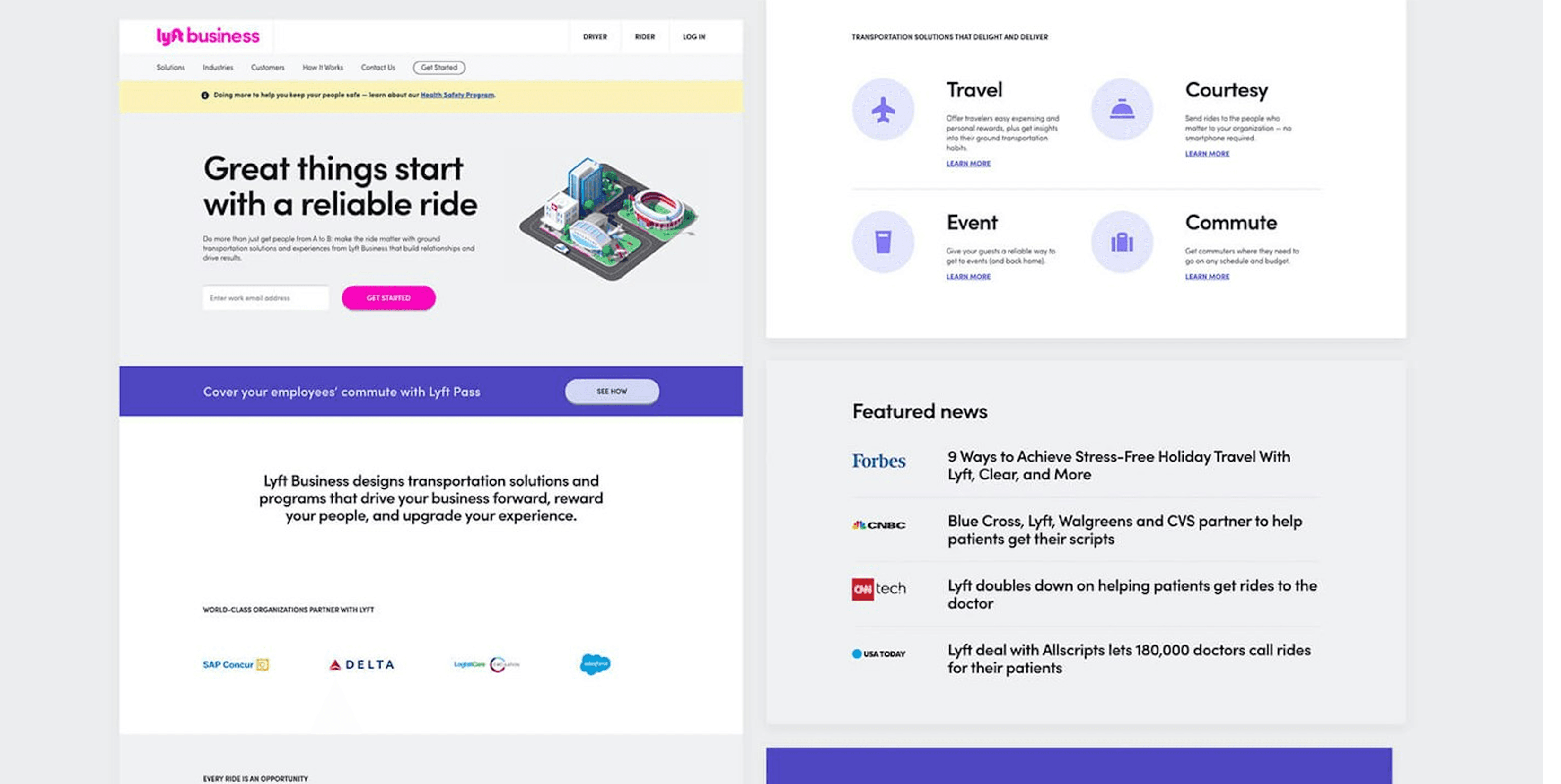 Lyft Business site collage: hero with message, circular service icons, Lyft Pass banner, partner logos, and a featured news list.
