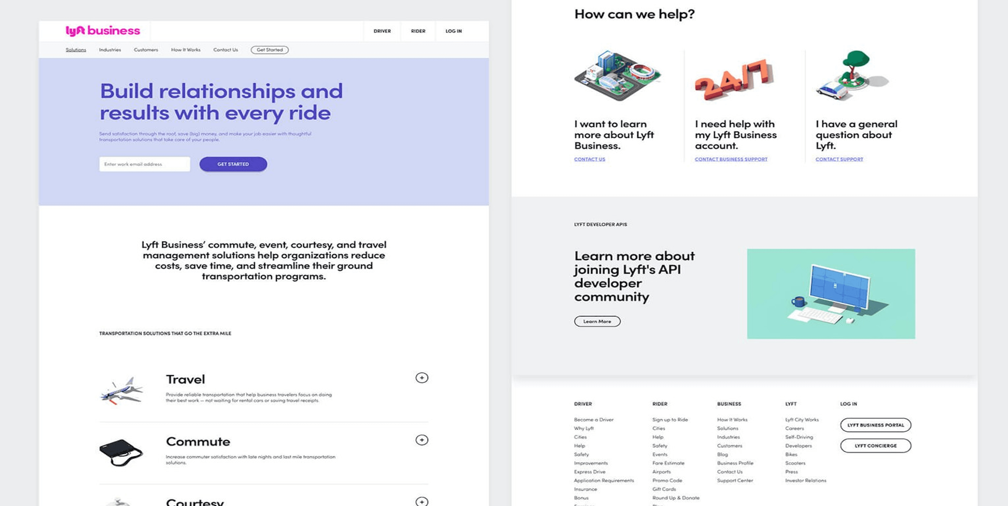 Lyft Business webpage layout with hero and email signup, travel/commute blocks, help options, API promo with a monitor illustration.