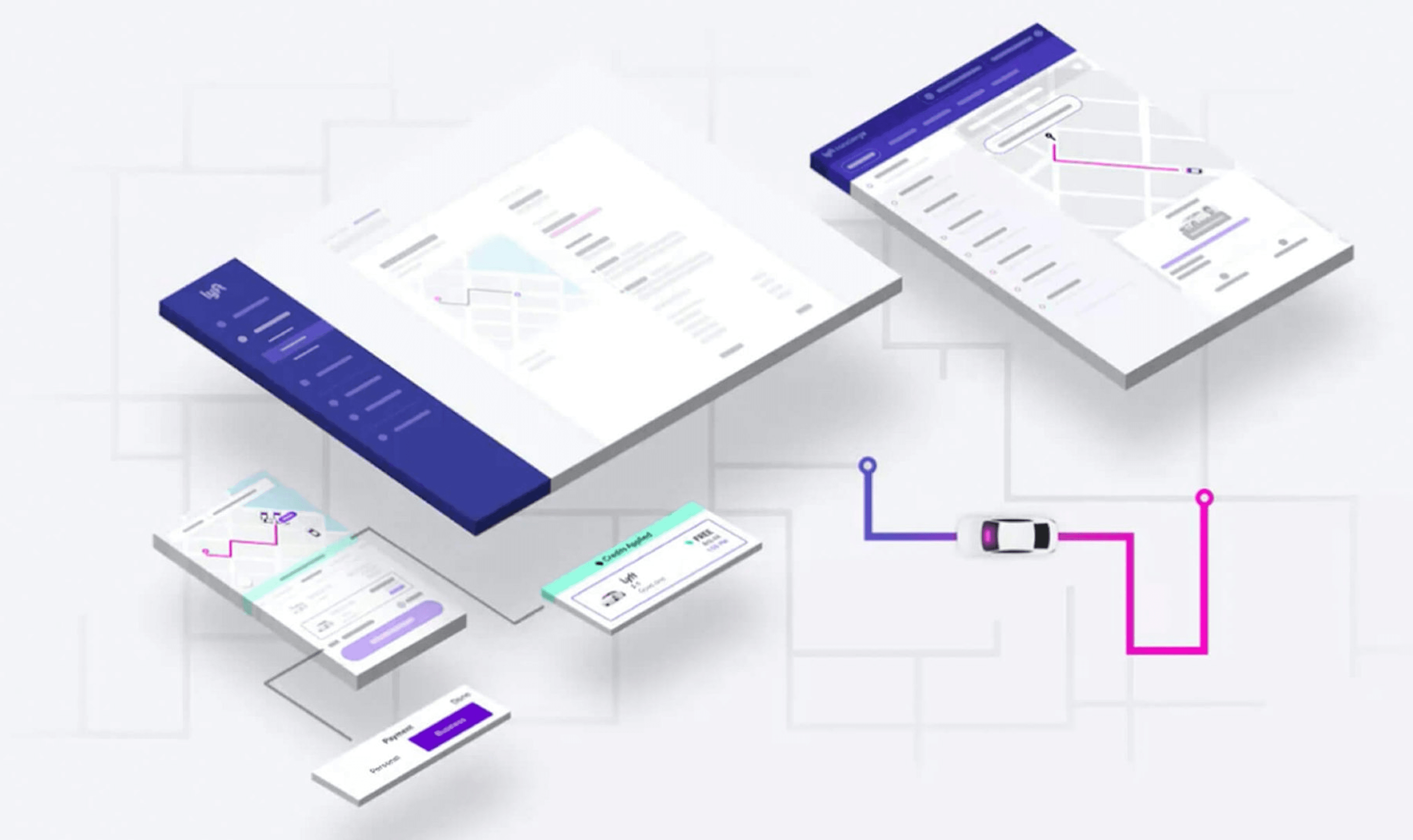 Isometric illustration of floating white dashboards with charts and graphs, featuring a magenta route line and a small car traveling along it.