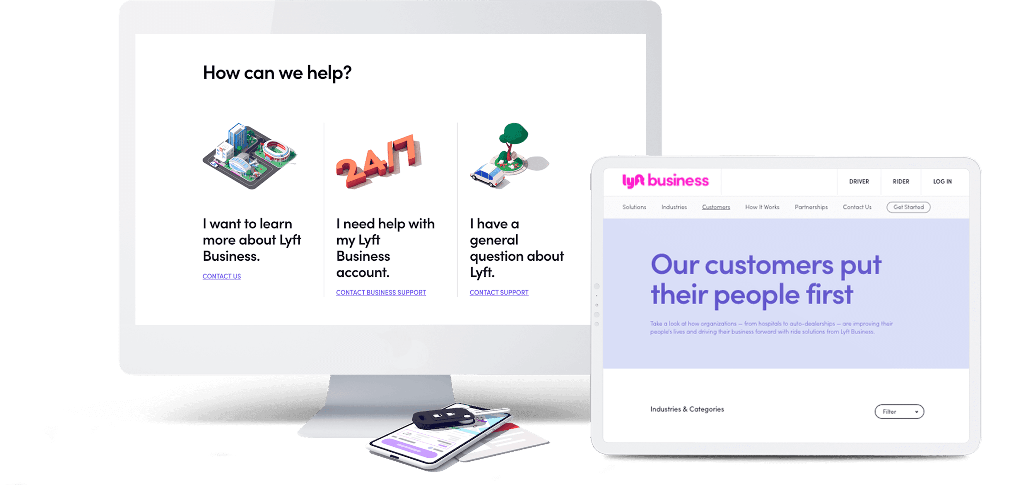 Desktop screen shows 'How can we help?' with three Lyft Business options; a tablet shows 'Our customers put their people first' for Lyft Business.