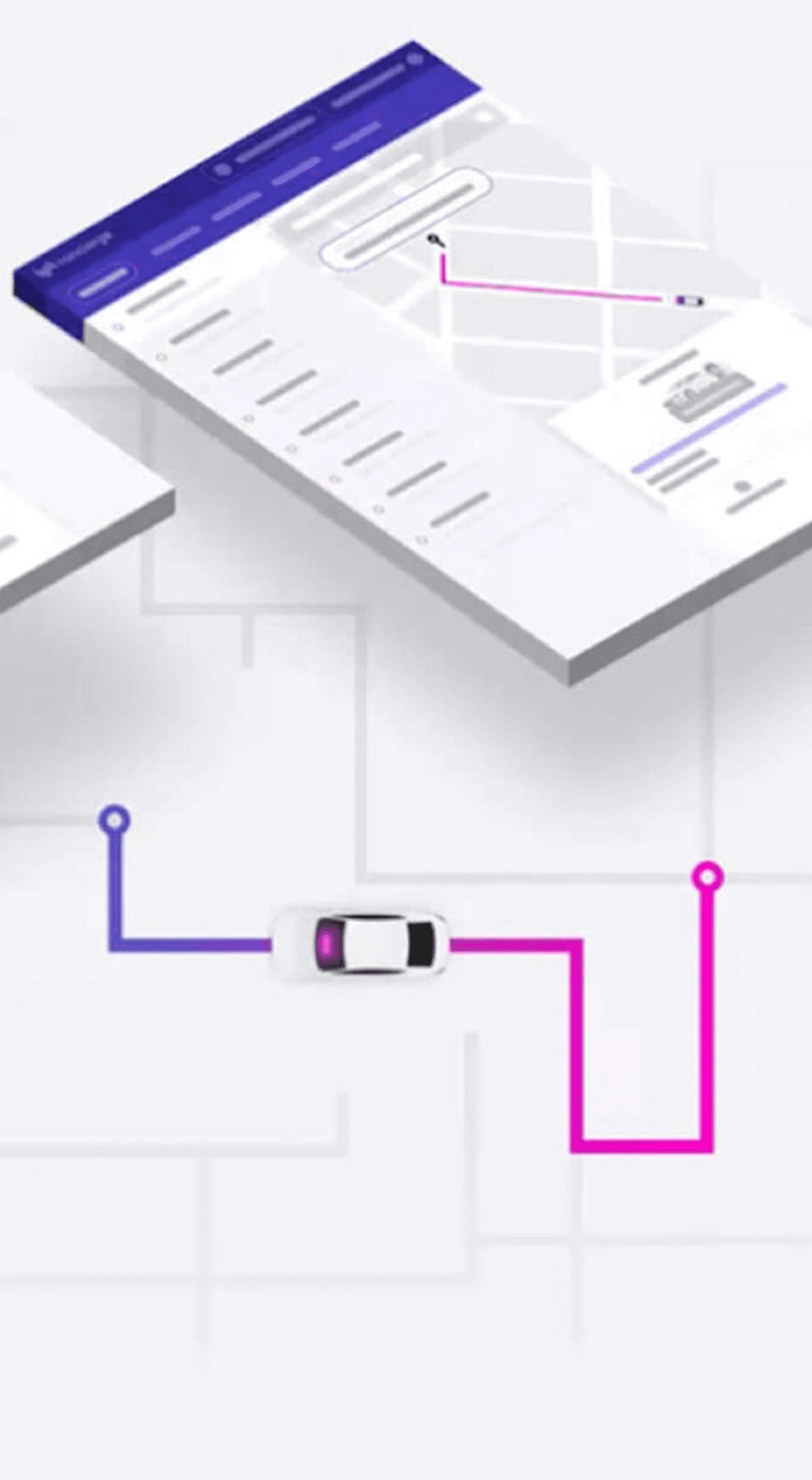 Isometric illustration of a white car following a pink and purple route on a light map, with a device showing the same route above.