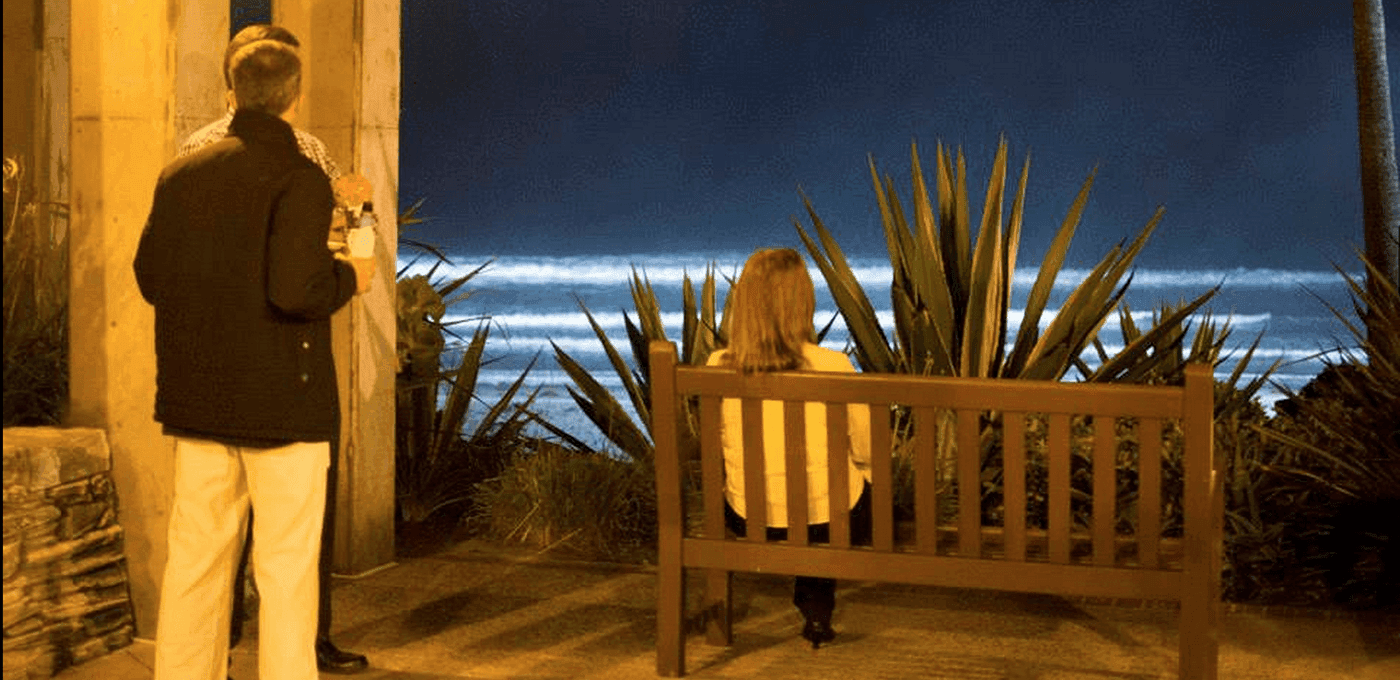 Night scene by the sea: a person in a dark jacket and light pants stands by a column with a drink, while another sits on a bench facing the ocean, surrounded by plants.