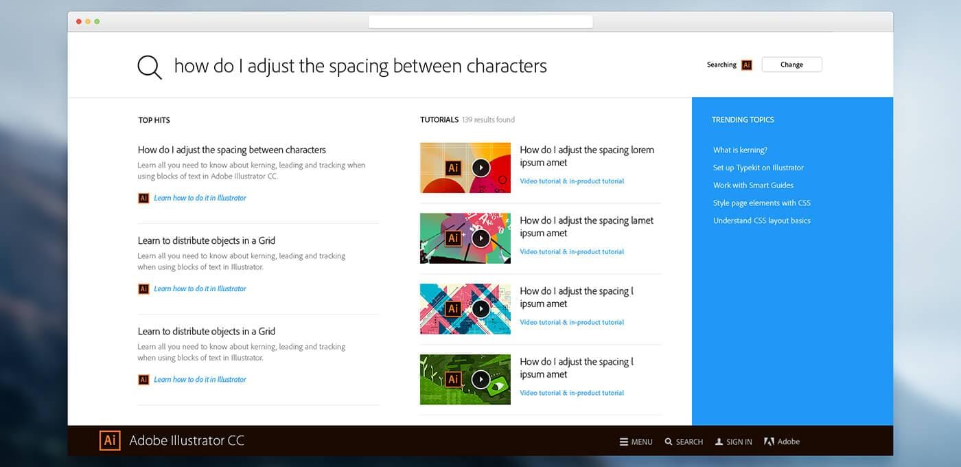 Web page layout with search results: left column Top Hits, middle Tutorials with thumbnails, and a blue Trending Topics panel on the right.