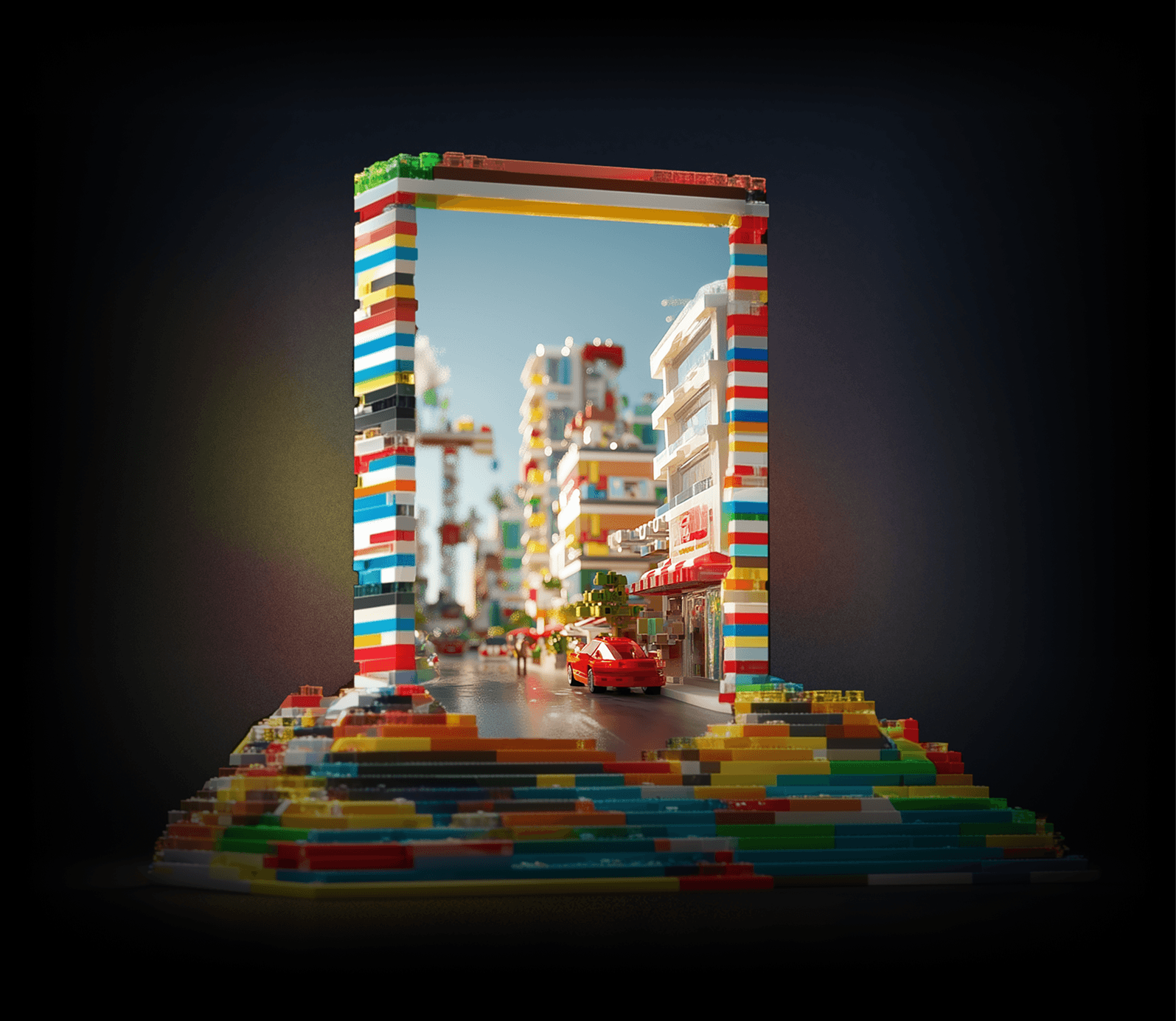 Colorful LEGO city framed by a doorway built from stacked bricks; a red car drives along a sunny street with tall brick buildings in the background.