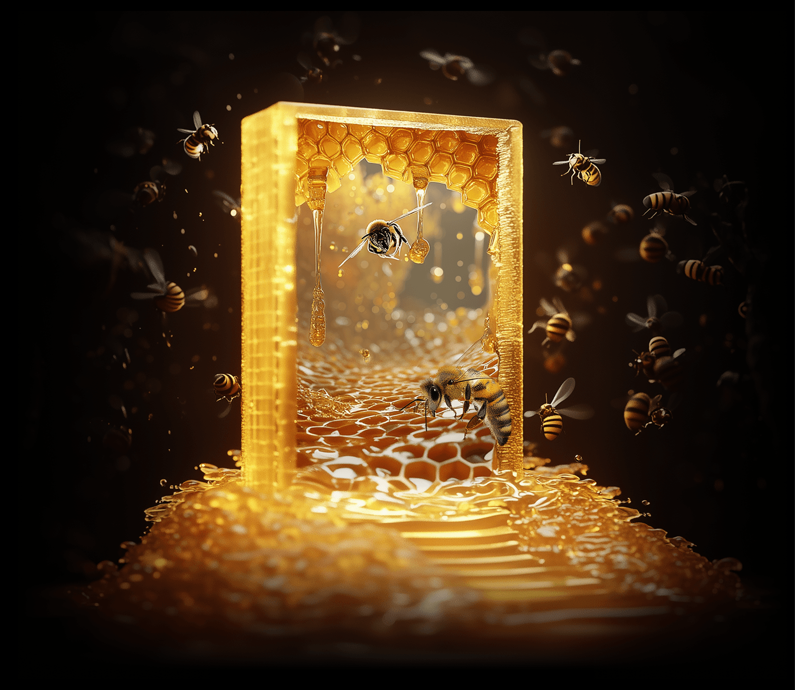 Glowing golden honeycomb doorway rises from a pool of honey, with bees swarming around and one bee flying through the honey-lit frame.
