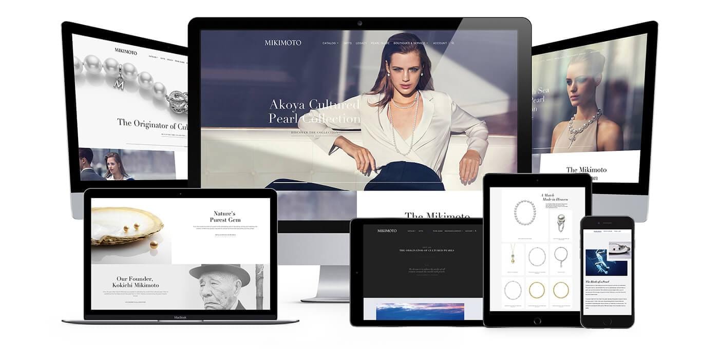 Multiple screens (desktop, laptop, tablet, and phones) show Mikimoto jewelry, featuring pearl necklaces, rings, and a model wearing jewelry.