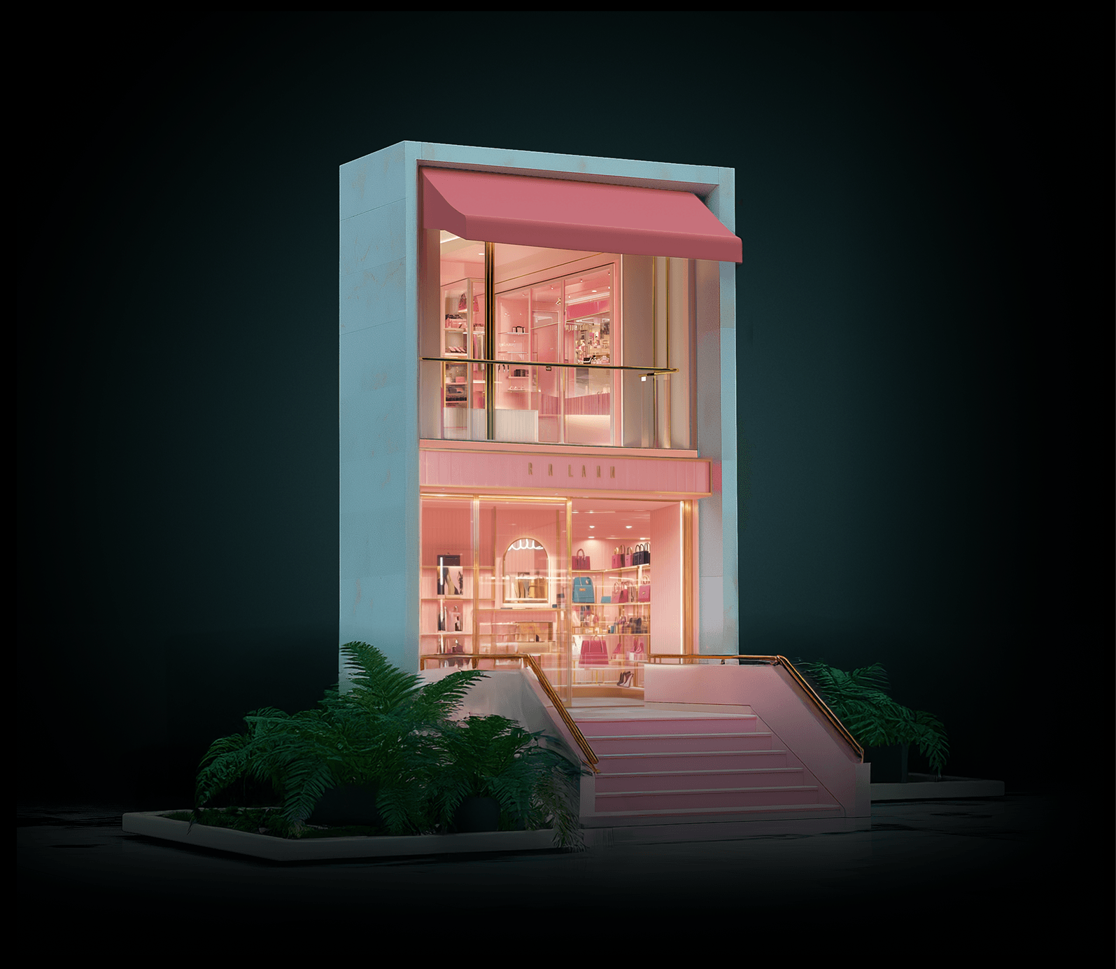 Pink-lit boutique in a pale blue two-story building with a pink awning; glass display of bags inside, pink stairs with gold rails, framed by greenery.