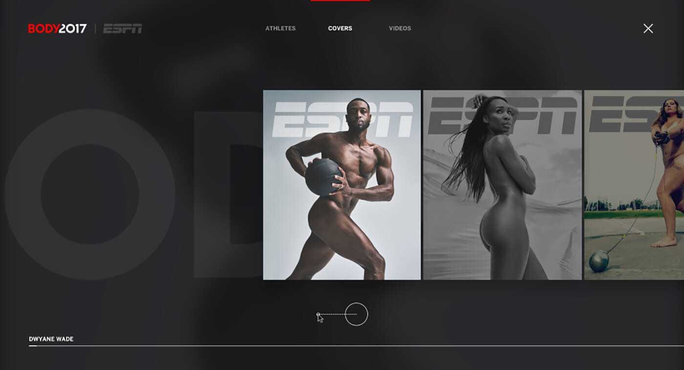 Dark page featuring ESPN Body 2017 covers gallery: a muscular figure holding a ball, grayscale nude side profile, and additional models.