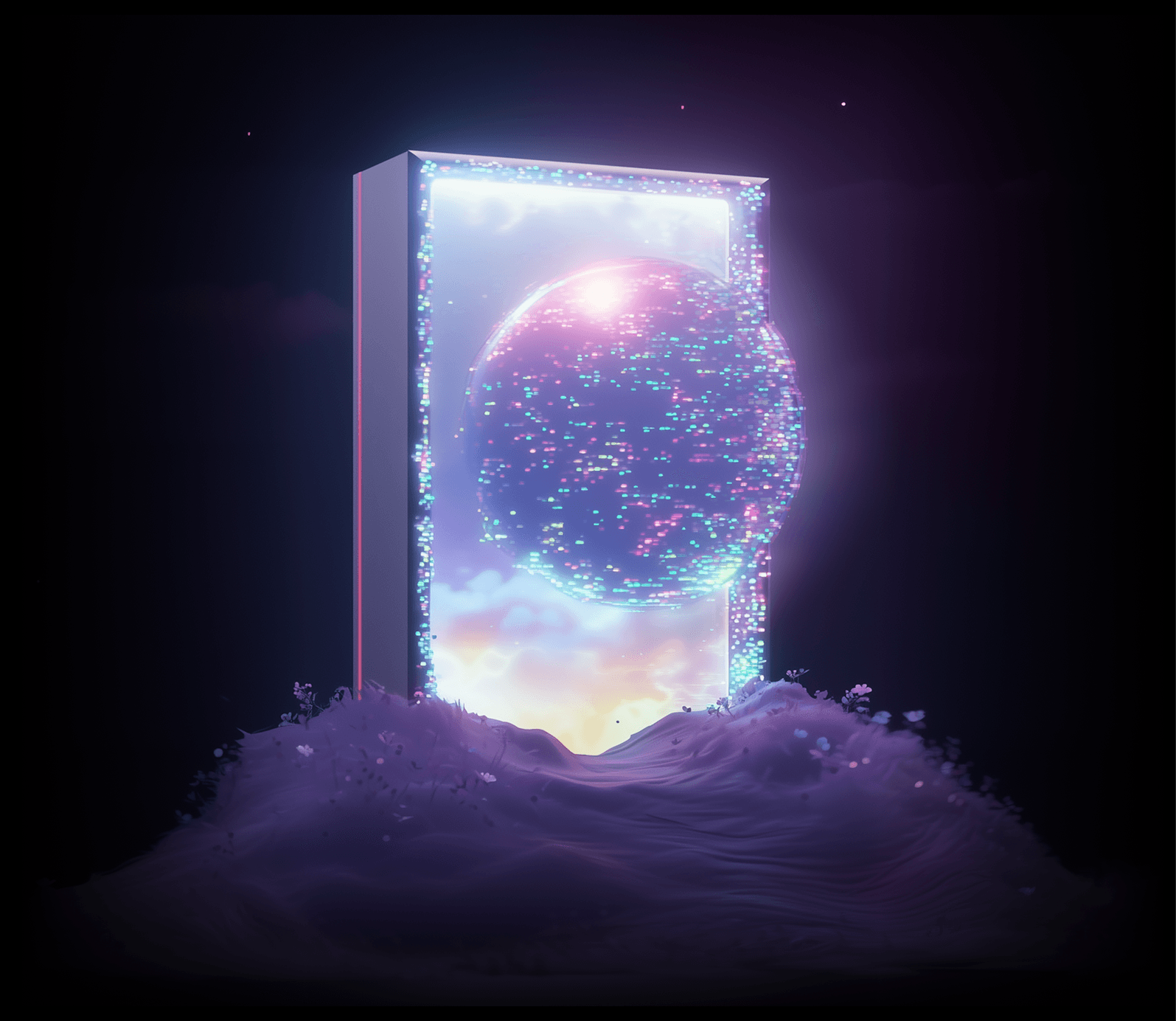 A glowing rectangular portal frame with a floating multicolored particle sphere, set on a snowy hill beneath a dark sky.