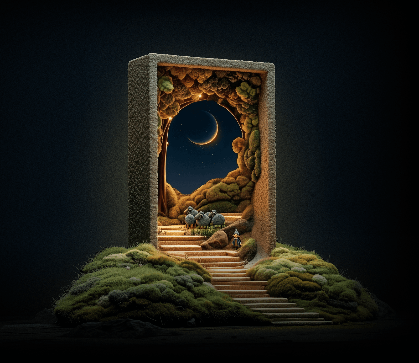 Stone doorway opens to a moonlit cavern with curved rock walls and mossy hills; steps lead to a starry night as a small figure stands with a flock of sheep.