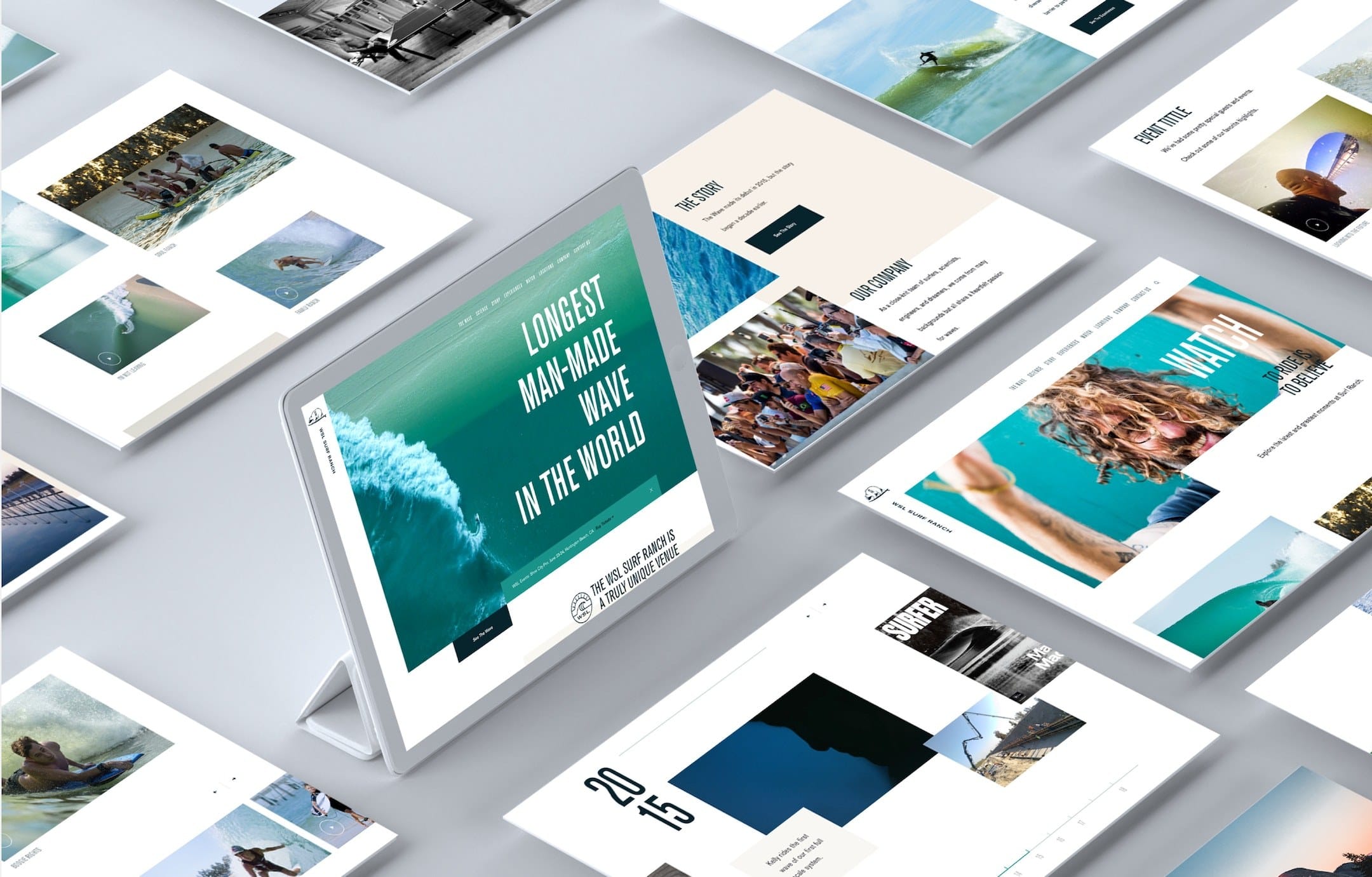 A tablet surrounded by floating white web page mockups, each showing ocean or surfing photos, creating a modern digital collage.