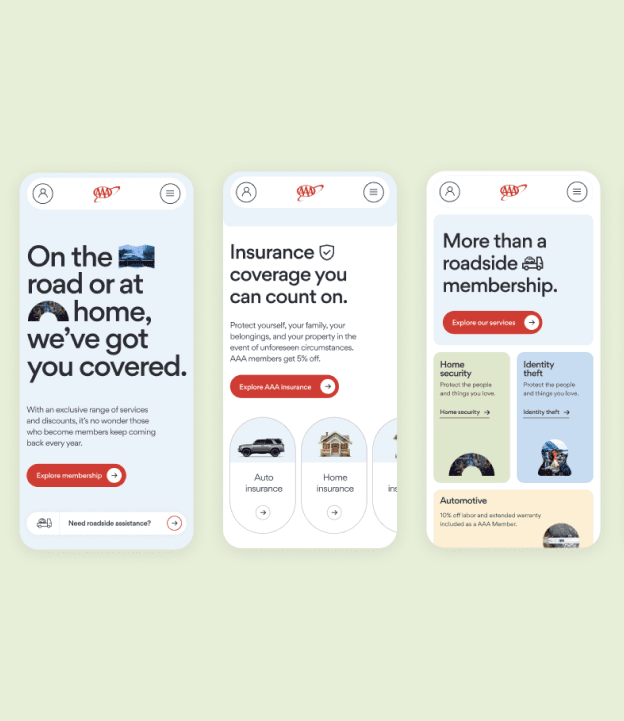 Three smartphone screens on a pale green background show a light-blue app UI for insurance and roadside services, with headings, icons, and red CTAs.