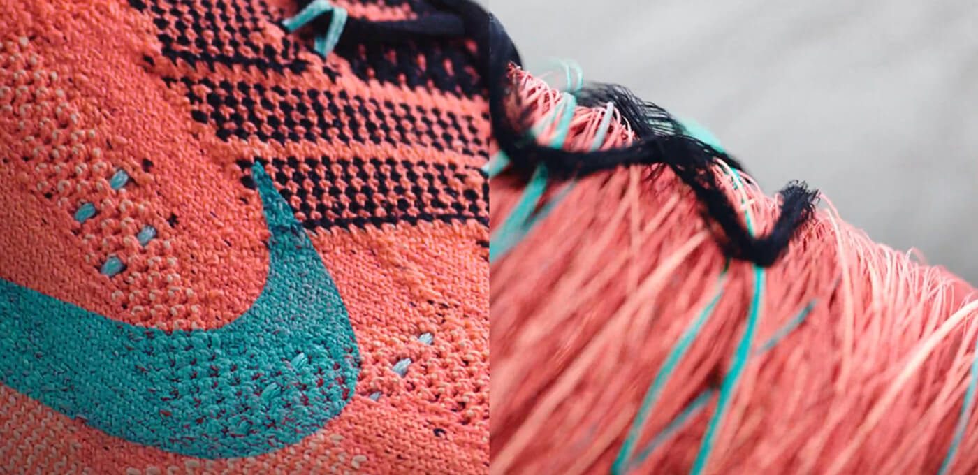 Split close-up: left an orange knit sneaker with a turquoise swoosh; right braided orange fibers with turquoise threads and a dark strand.