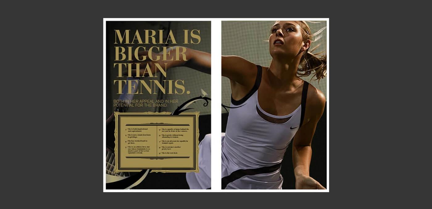 Two-panel poster: left features gold title "MARIA IS BIGGER THAN TENNIS" and a framed plaque; right shows a person in a white tennis top mid-swing on a court.