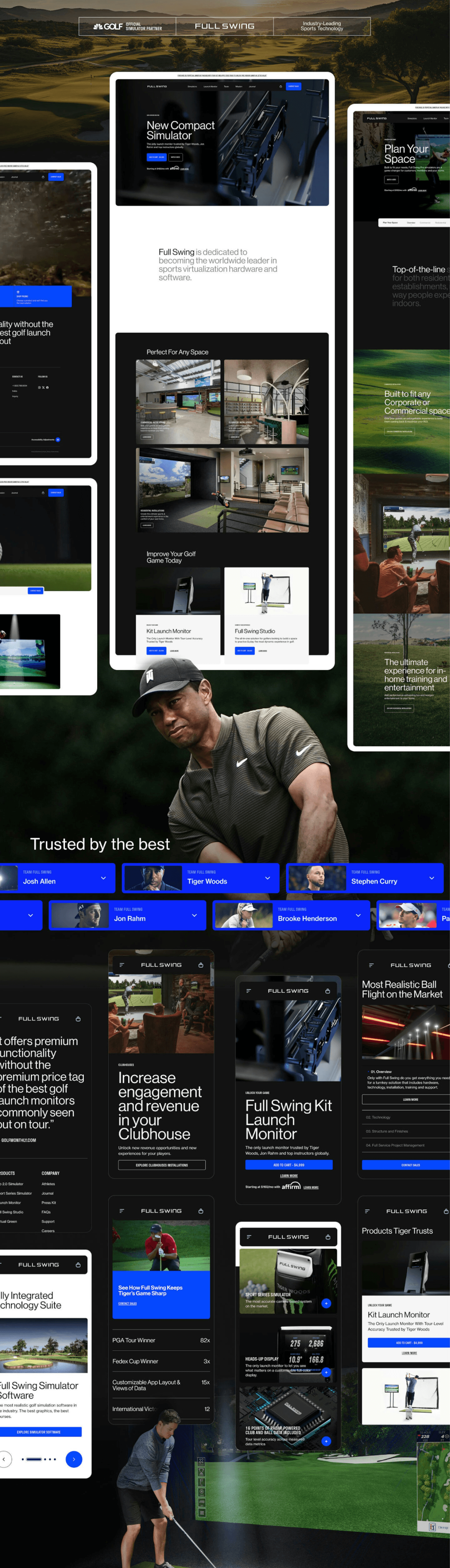 Collage of device screens showing a golf tech site, tablet New Compact Simulator, surrounded by phones and golfer against a golf course backdrop.