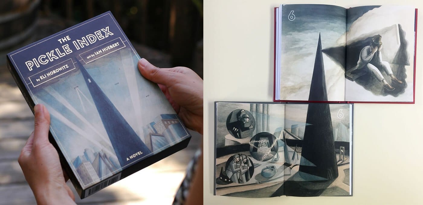 Person holds a blue paperback titled The Pickle Index; to the right, two open art books show surreal, geometric scenes with tall black spires.