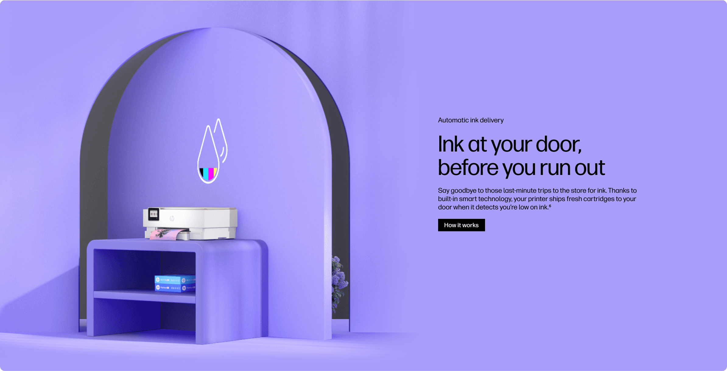 Purple room with an arched doorway, a printer on a purple desk, ink boxes on a shelf, and promotional text about automatic ink delivery.