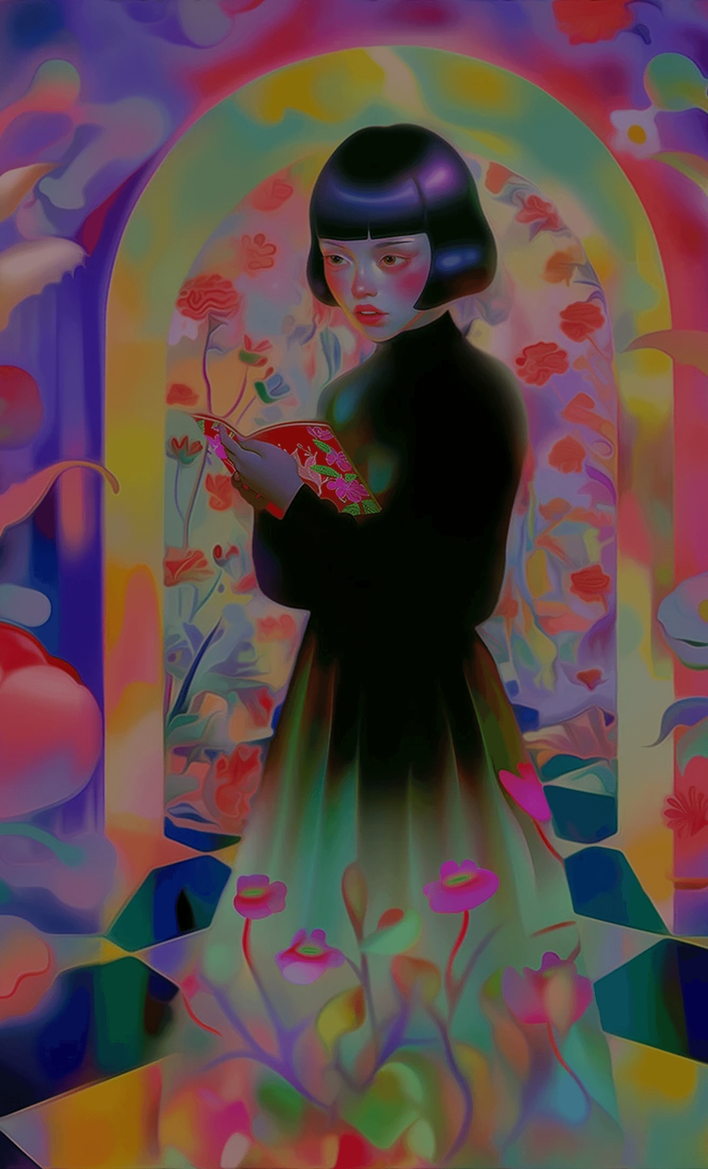 A neon, surreal portrait of a person with a black bob haircut in a dark dress, reading a red floral book, set among vibrant arches and flowers.