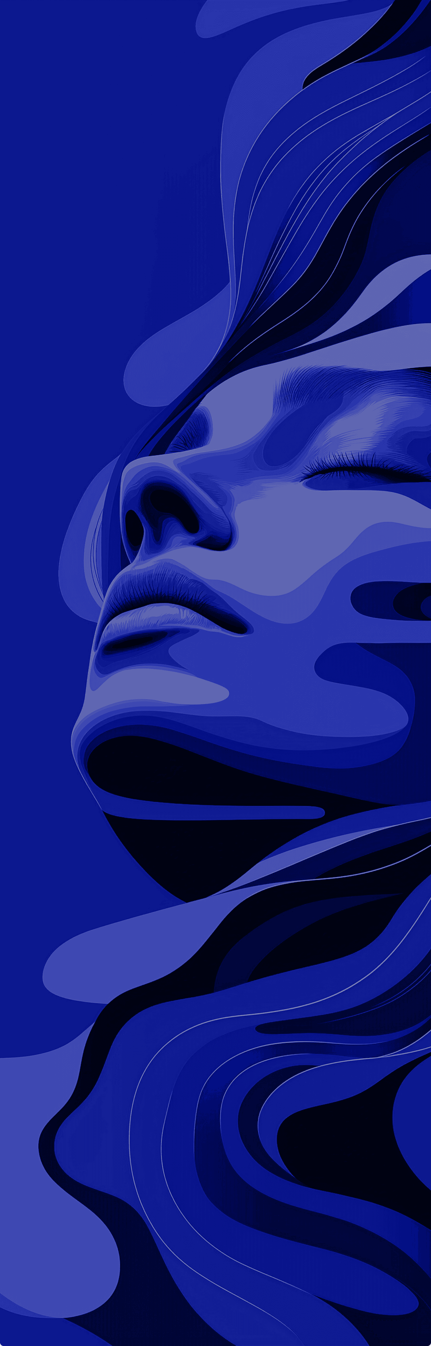 Abstract blue portrait of a serene face formed by flowing layered shapes and curves, with closed eyes against a deep blue gradient.