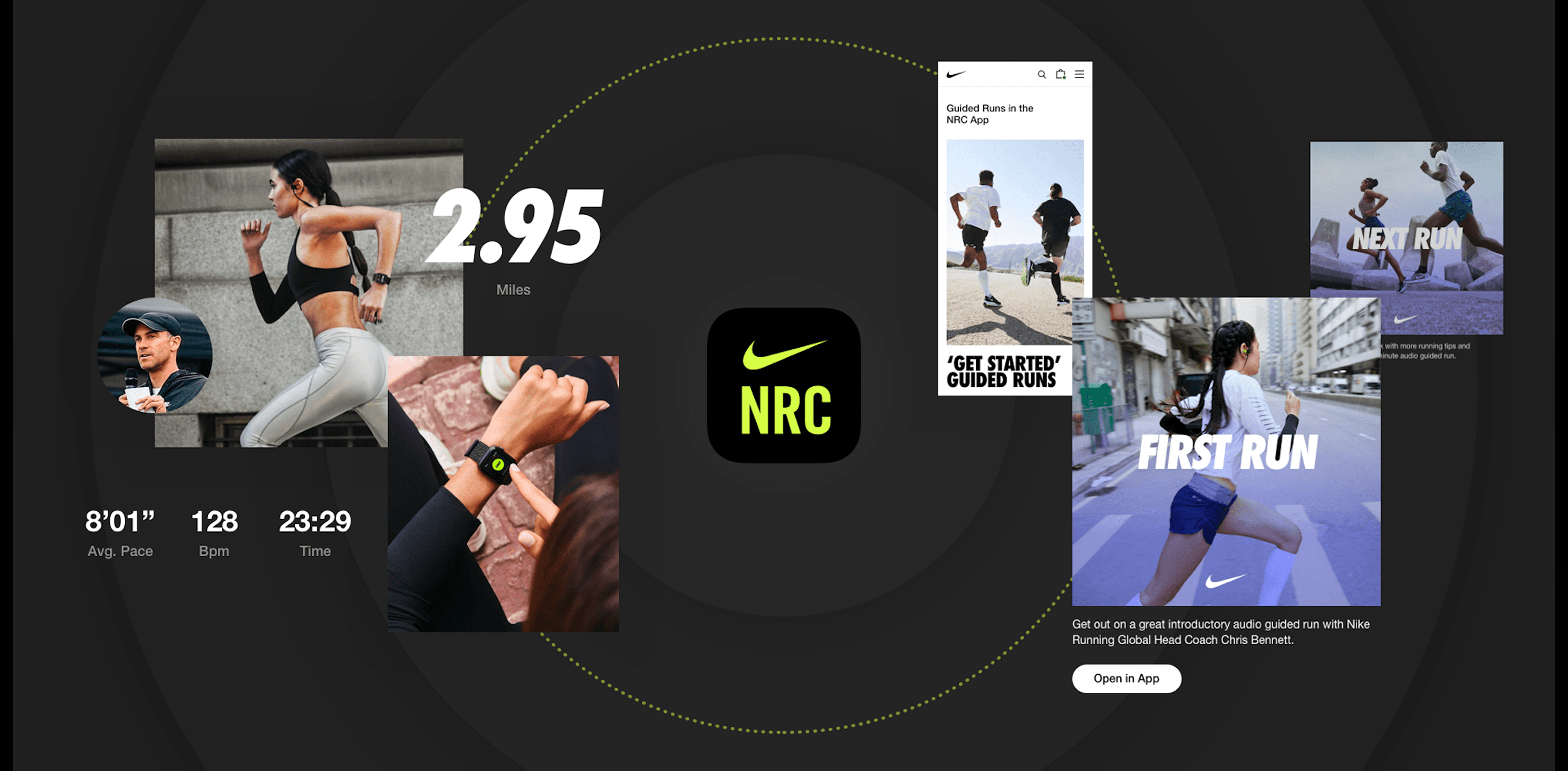 A dynamic collage showcasing the Nike Run Club (NRC) app and its features. The central NRC app icon is surrounded by various elements, including a female runner with "2.95 Miles" overlayed, a close-up of a wrist wearing a fitness tracker, a phone screen displaying "Guided Runs in the NRC App" with "FIRST RUN" prominently featured, and smaller images of runners and a coach, along with data like "128 Bpm" and "23:29 Time."
