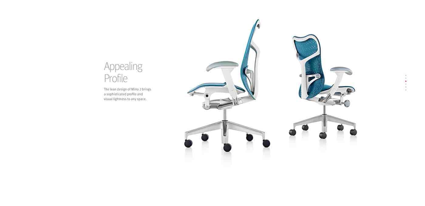 Two modern ergonomic office chairs with blue mesh backs, white frames, and five-star bases with casters, set against a white background.