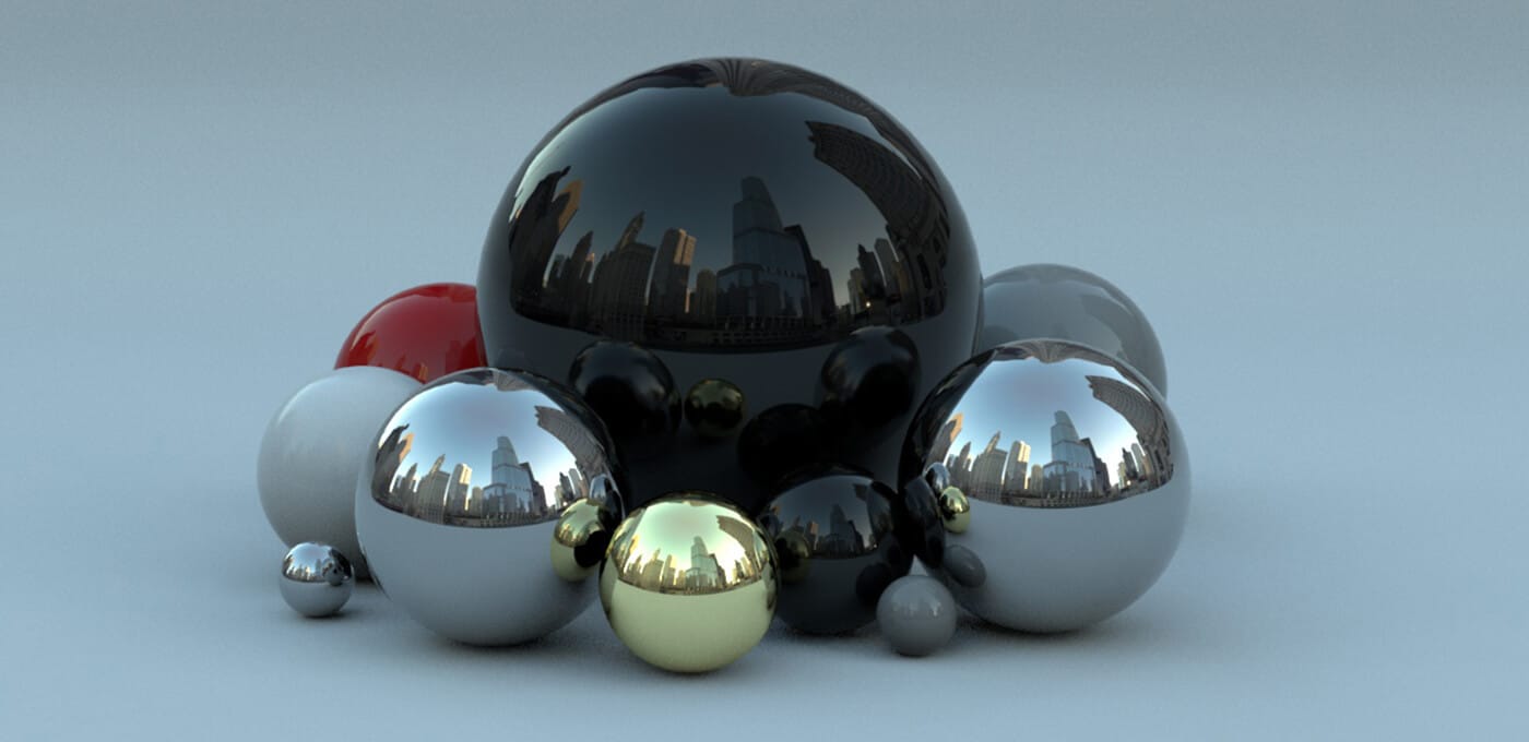 Cluster of reflective metallic spheres of various sizes resting on a pale blue surface; city skyline reflections visible on the shiny spheres.