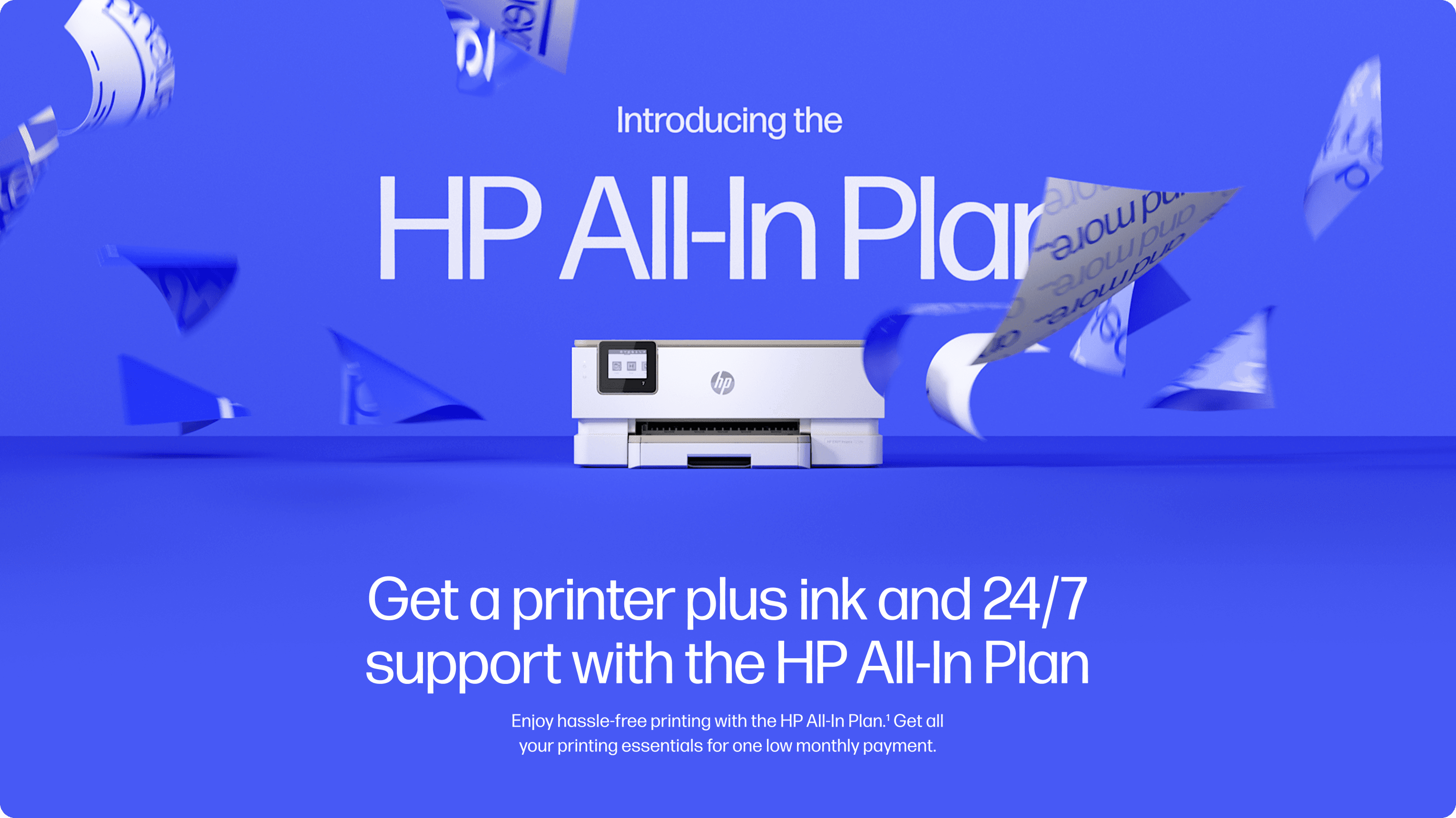 Blue HP ad featuring a white printer on a blue surface, with large "HP All-In-Plan" text and copy about printer, ink, and 24/7 support.