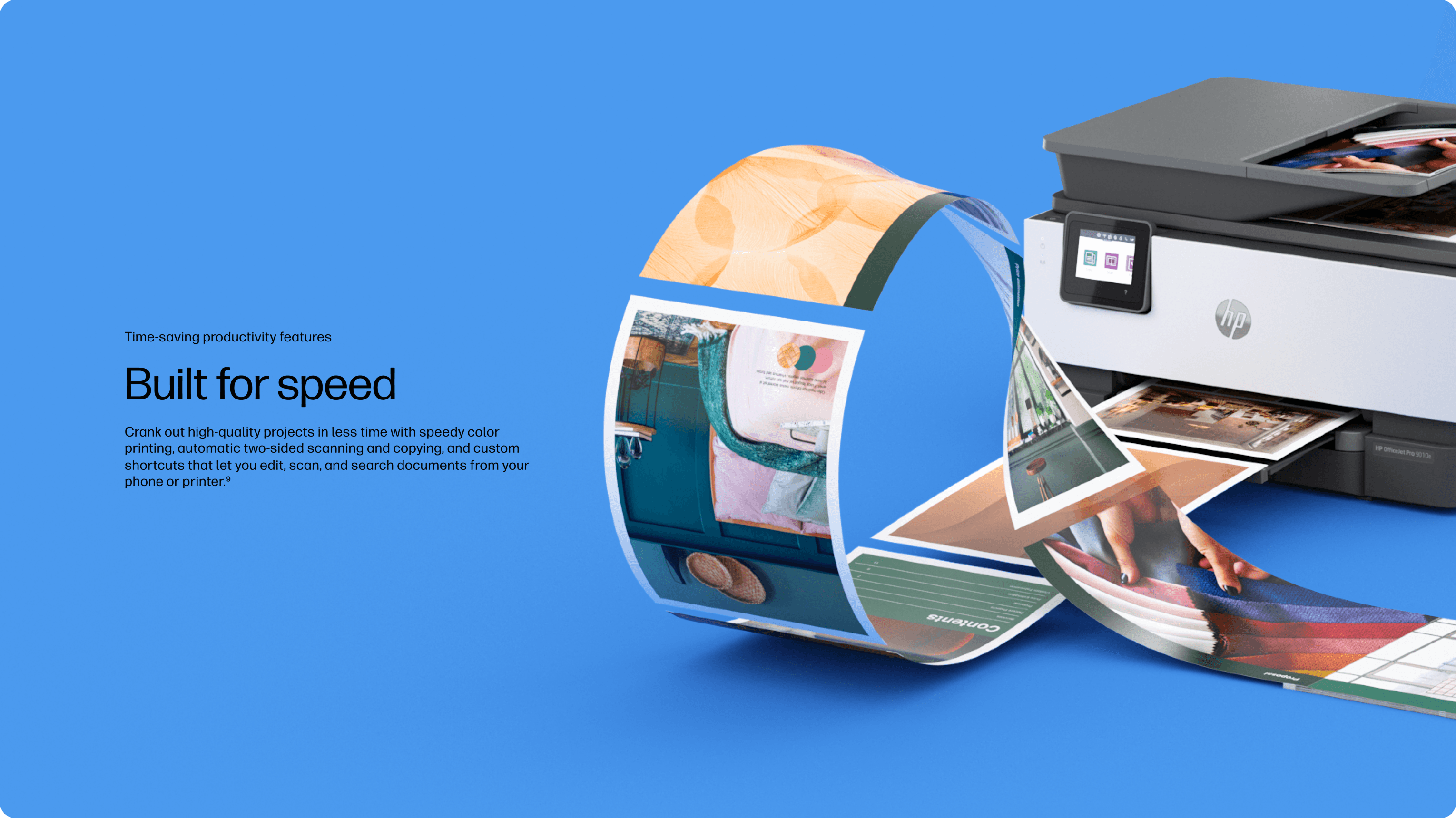 Blue gradient background with an HP printer and a curved ribbon of colorful photos curling from it, beside the bold “Built for speed” headline.