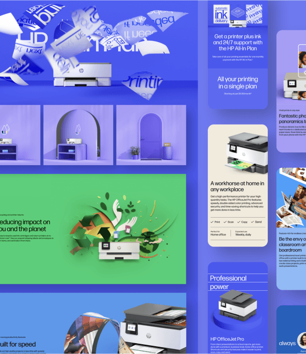 Collage-style ad with HP printers in blue and purple hues, flying sheets of paper, shelves, and panels promoting home and office printing solutions.
