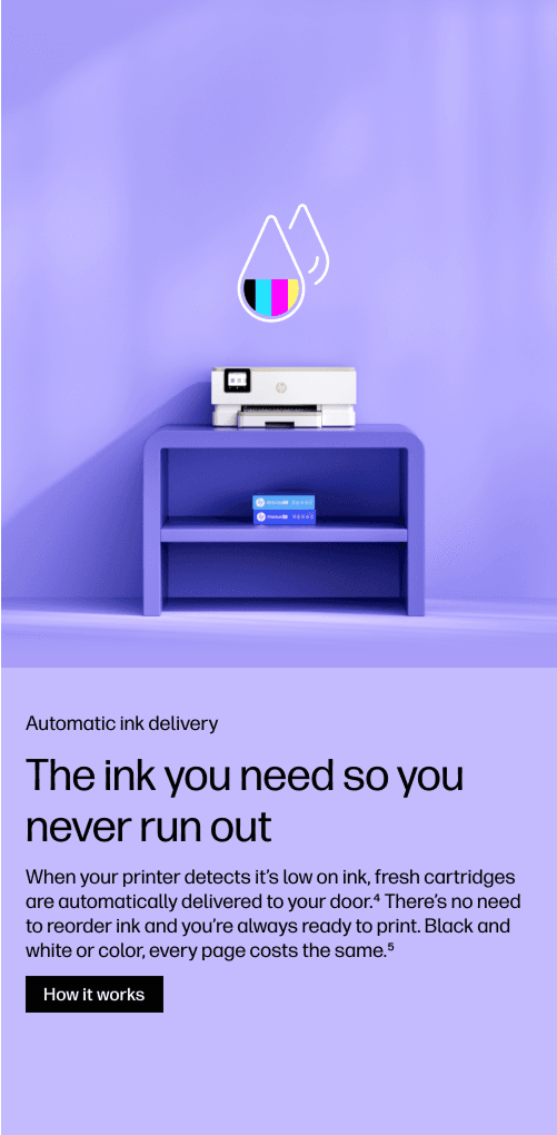 Purple room with a small white printer on a lavender shelf; above it, a floating ink-drop icon with color bars, against a lavender backdrop and text area.