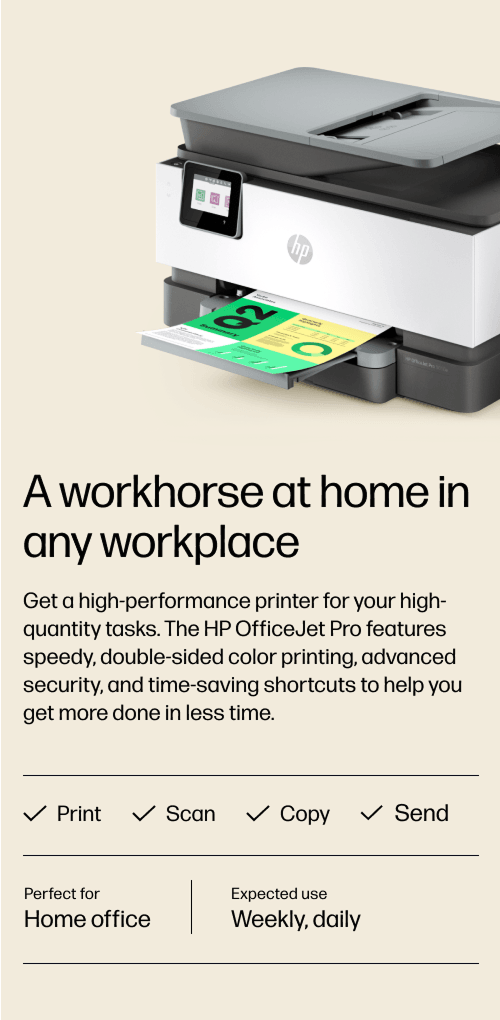 HP OfficeJet Pro printer with a touch screen sits on a beige background, output tray printing color pages; ad-style layout with a bold headline and body text.