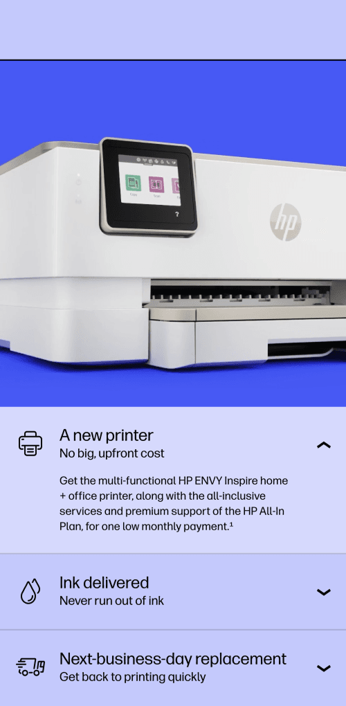 HP white printer with a touchscreen on the front, against a blue background; lower panels show a new printer, ink delivery, and replacement options.