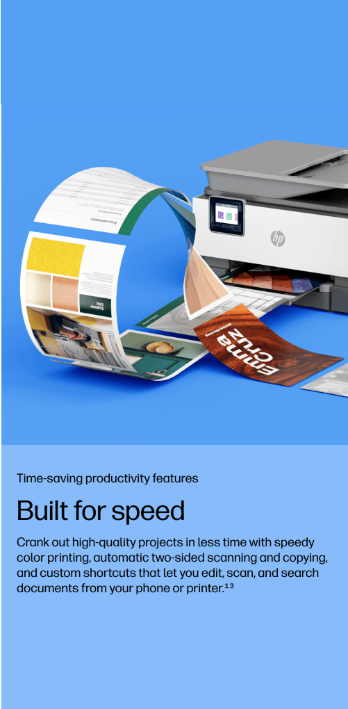 HP printer with a curved loop of colorful printed pages against a blue gradient background, next to the headline 'Built for speed' and brief product copy.