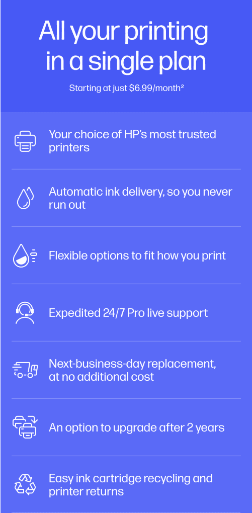 Blue HP ad panel for a single printing plan, highlighting trusted printers, automatic ink delivery, flexible options, 24/7 support, and upgrades.