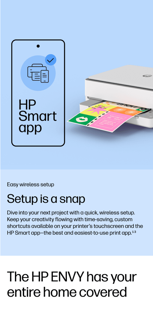 Blue background featuring a phone-shaped panel labeled HP Smart app, a printer printing colorful cards, and text sections about easy wireless setup.