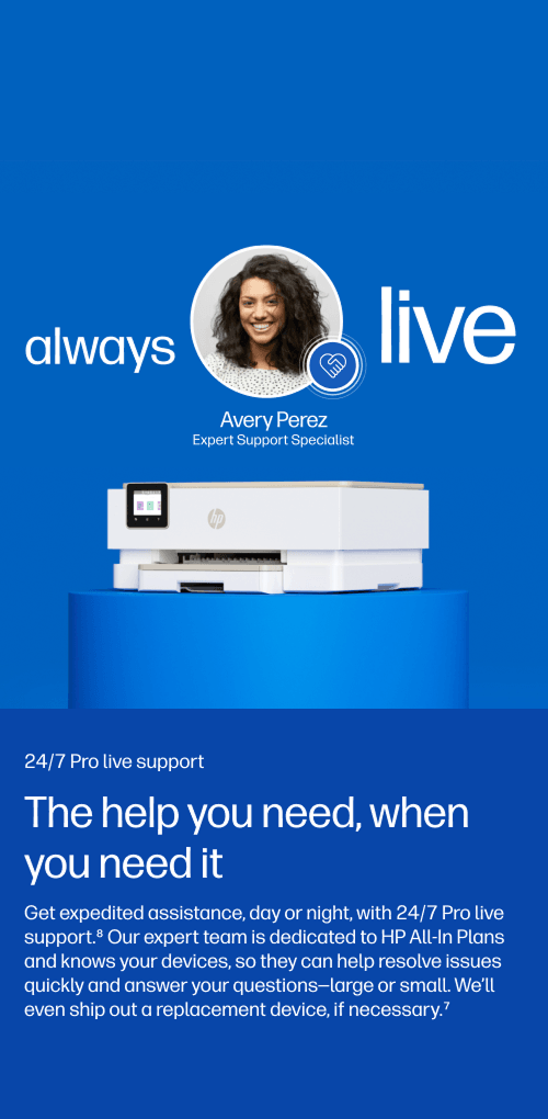 Blue banner for Always Live with Avery Perez portrait, a white HP printer on a pedestal, and the slogan 'The help you need, when you need it'.