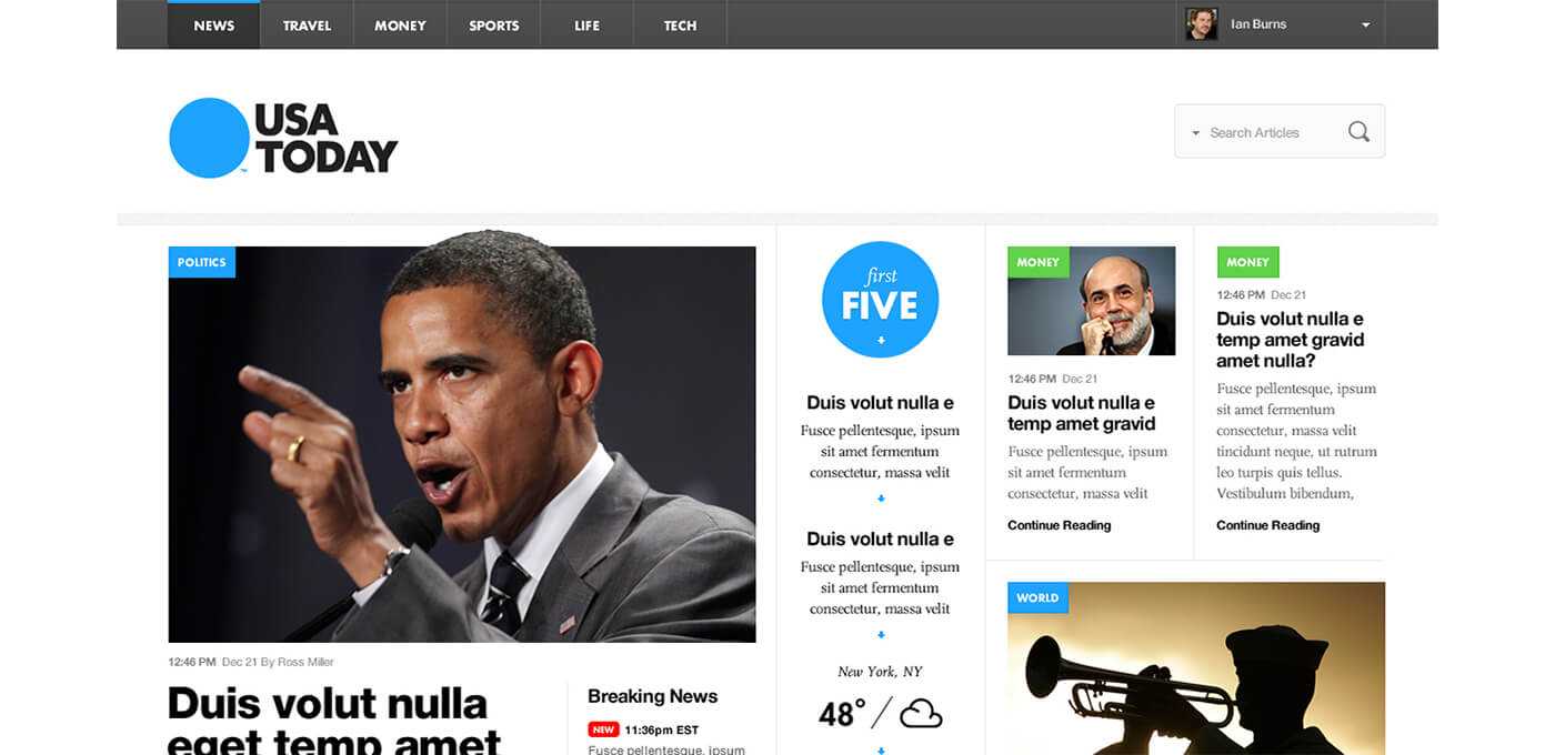 USA Today homepage mockup with a blue circle logo, top navigation, a large left photo of a man in a suit speaking into a microphone, and smaller article cards on the right.