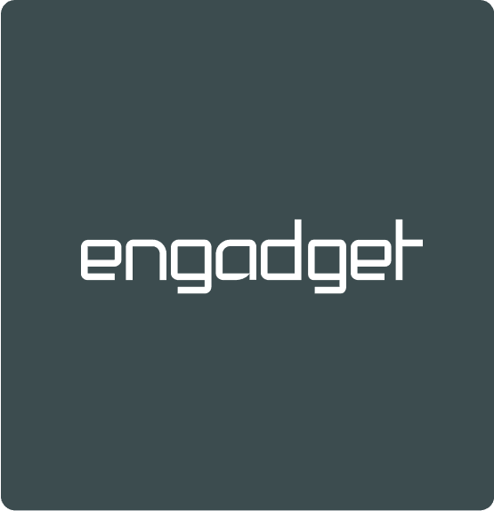 Dark teal rounded-rectangle background with a centered white 'engadget' wordmark.