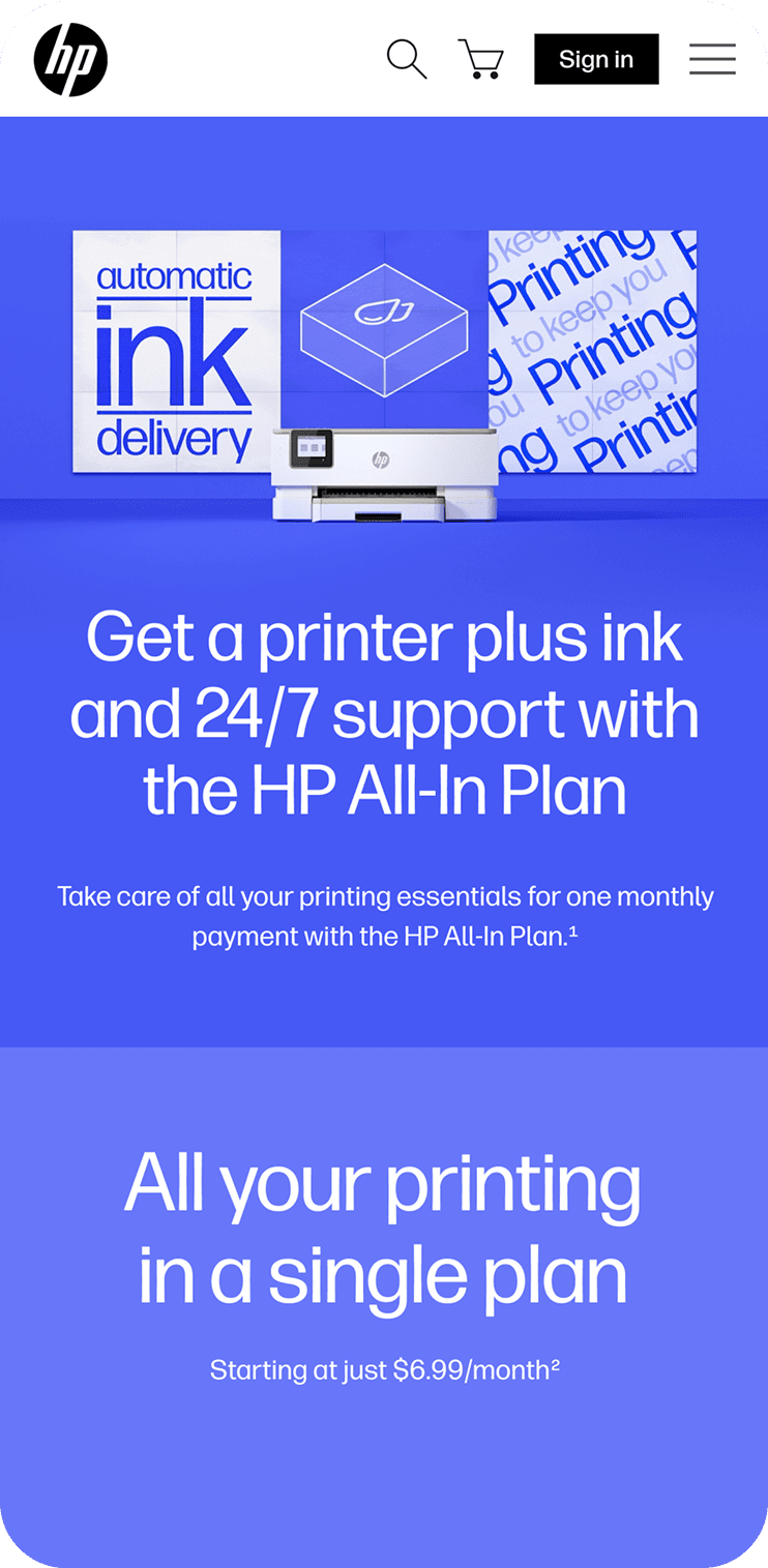 HP All-In Plan banner showing a white printer on a blue background with posters; promotes ink, printing, and 24/7 support.