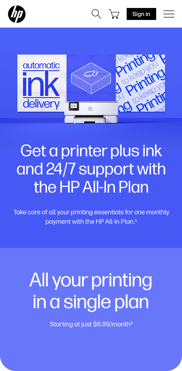 HP hero image: white printer on a blue background with posters about ink and printing, and bold white text promoting the HP All-In Plan.