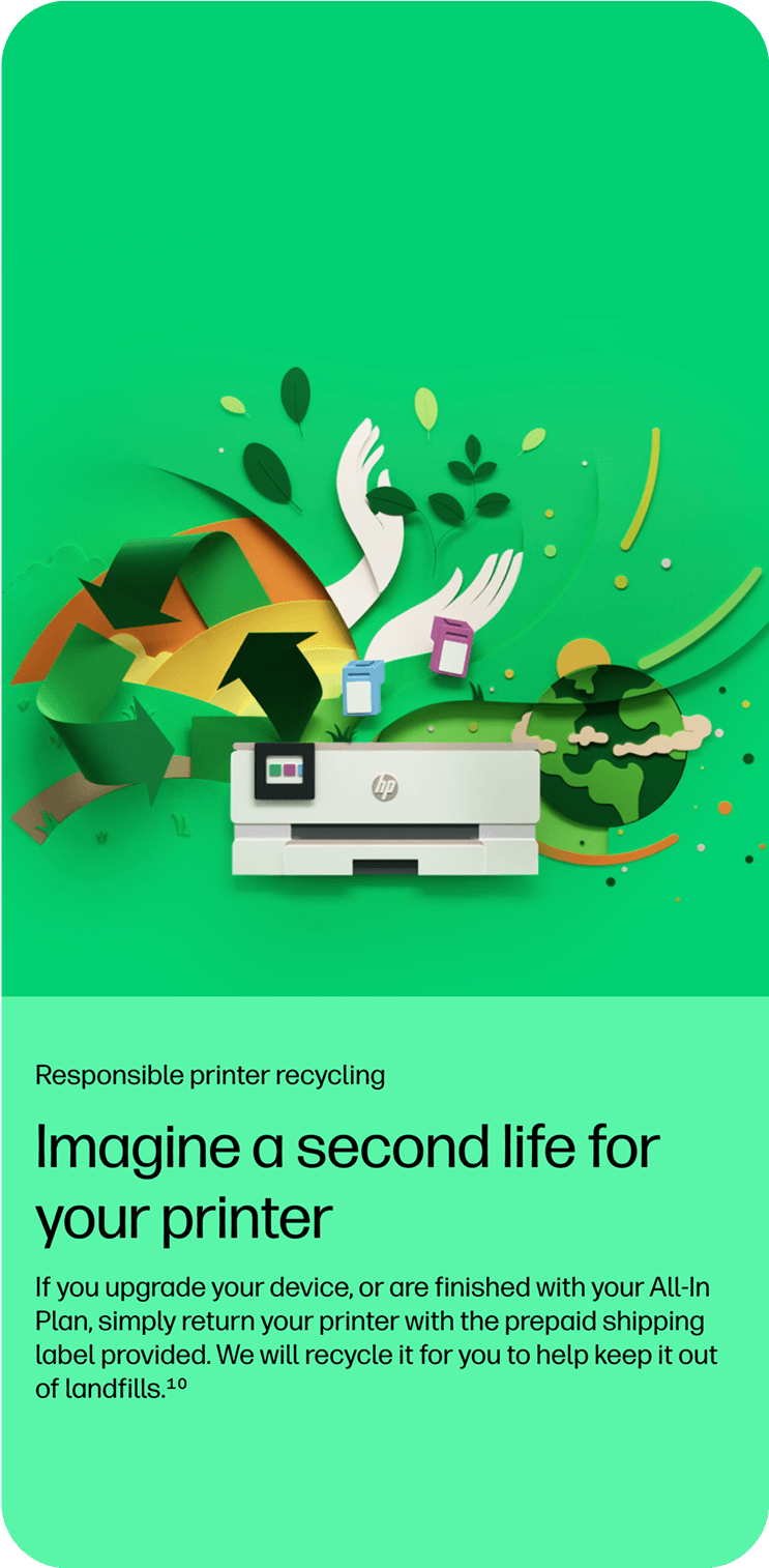 Vibrant green illustration with an HP printer at the center, surrounded by recycling arrows, leaves, and a globe, promoting responsible printer recycling.