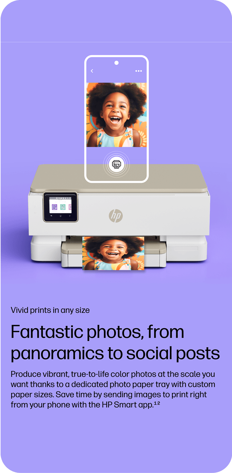 HP printer on a purple background with a smartphone frame displaying a laughing child; a photo is printing from the device.