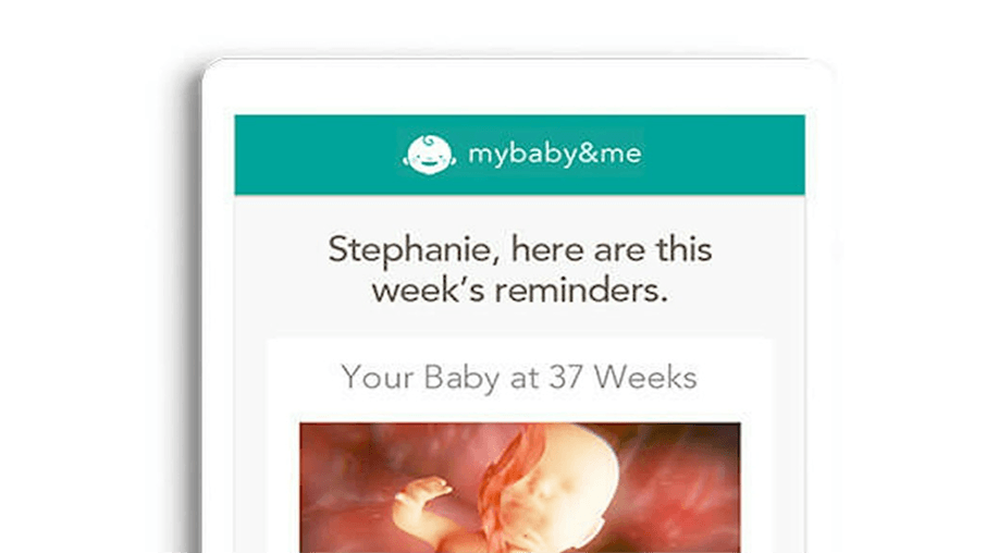Mobile screen showing mybaby&me reminders for Stephanie: "Your Baby at 37 Weeks" with a fetal ultrasound image.